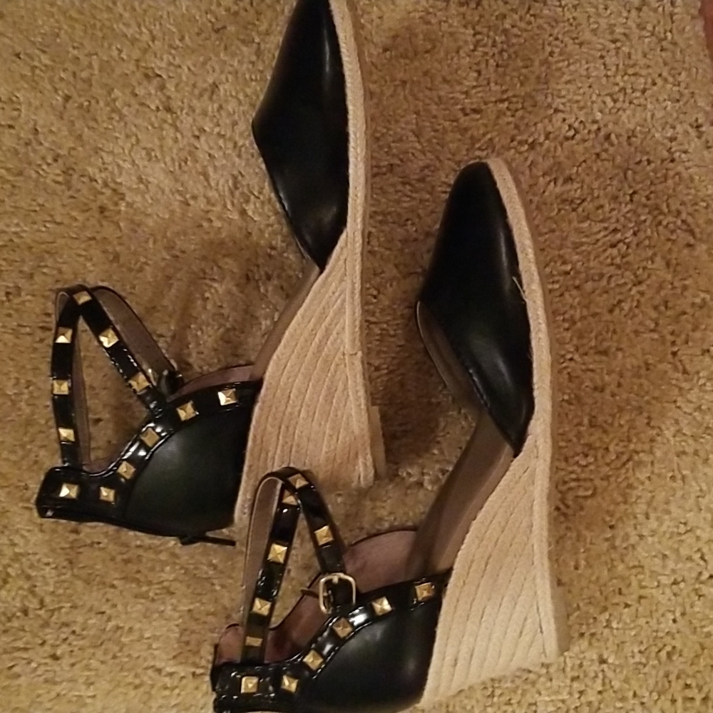 Wedge. Black . Embellished ankle strap